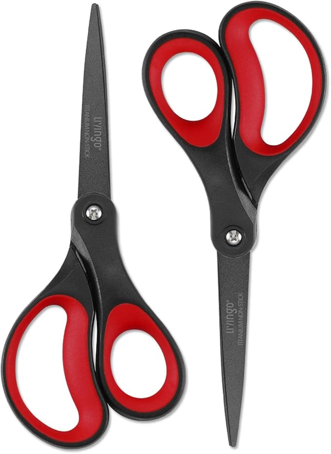 LIVINGO 2 Pack 8" Titanium Non-Stick Scissors, Professional Stainless Steel Comfort Grip, All-Purpose, Straight Office Stationery Craft Paper Fabric Household Sharp Shears Set for DIY(Red/Black)