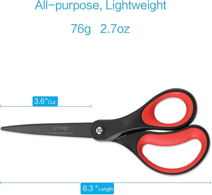 LIVINGO 2 Pack 8" Titanium Non-Stick Scissors, Professional Stainless Steel Comfort Grip, All-Purpose, Straight Office Stationery Craft Paper Fabric Household Sharp Shears Set for DIY(Red/Black)