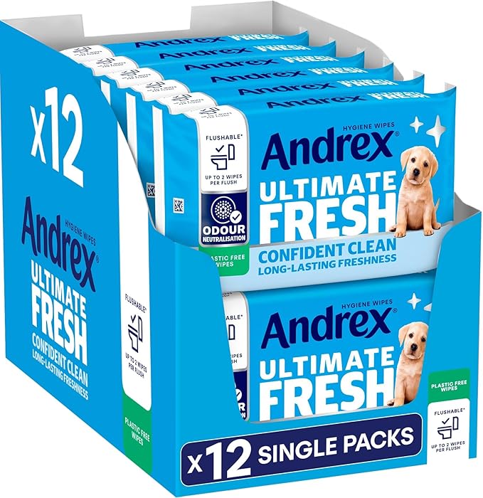 Andrex Ultimate Fresh Washlets, 12 Packs - Gentle, Biodegradable, Flushable Toilet Wipes for Everyday Hygiene, Use with Regular Toilet Roll for a Shower Fresh Clean