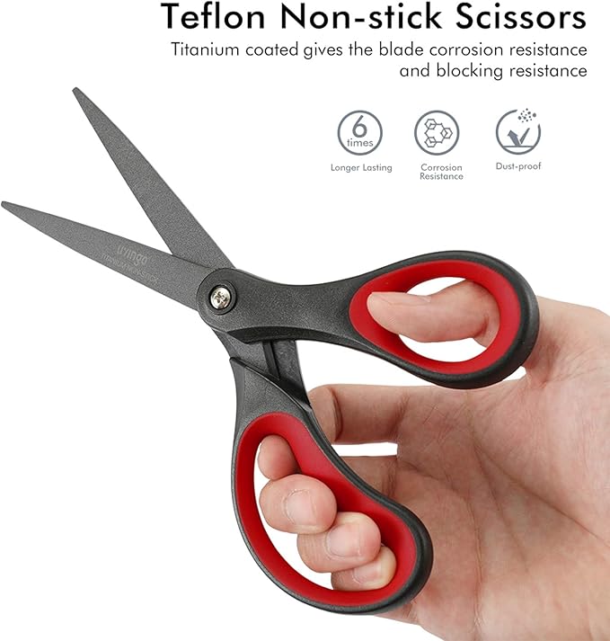 LIVINGO 2 Pack 8" Titanium Non-Stick Scissors, Professional Stainless Steel Comfort Grip, All-Purpose, Straight Office Stationery Craft Paper Fabric Household Sharp Shears Set for DIY(Red/Black)