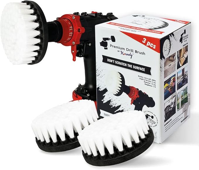 Kornely Premium Drill Brush Professional – Extra-Soft 13 cm White 3-Piece Set | Scratch-Free Cleaning Brush for Carpet, Upholstery, Leather Seats, Glass, Furniture and Car Interior