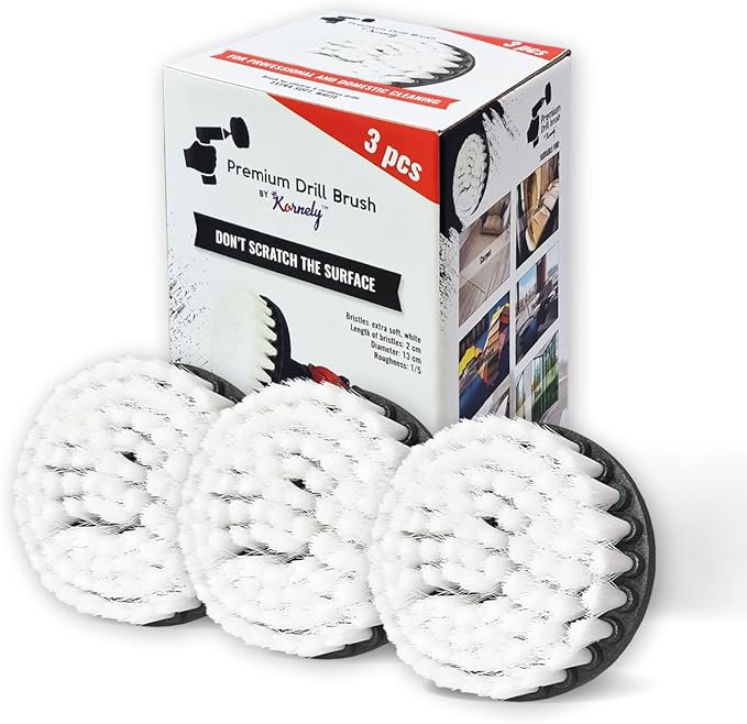 Kornely Premium Drill Brush Professional – Extra-Soft 13 cm White 3-Piece Set | Scratch-Free Cleaning Brush for Carpet, Upholstery, Leather Seats, Glass, Furniture and Car Interior