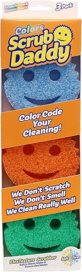 Scrub Daddy Colors Kitchen Sponges, Dish Sponges for Washing Up, Texture Changing Washing Up Sponge, Non Scratch Dish Scrubber, Odour Resistant Bathroom Cleaning Products, Dishwasher Safe, Pack of 3