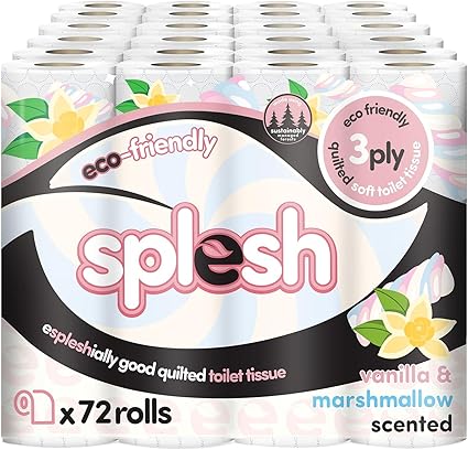 Splesh by Cusheen 3-ply Toilet Roll - Vanilla & Marshmallow Scented (72 Rolls) Bulk Buy, Quilted Toilet Rolls, Soft and Strong Toilet Tissue and Loo Rolls - Eco-Friendly Toilet Paper Sustainably Craft