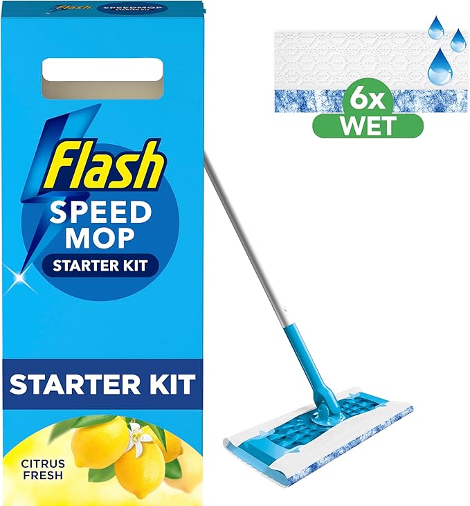 Flash Speedmop Wet Mop Floor Cleaner Starter Kit For Cleaning Floors With Scrubbing Action, Includes 1 Handle & 6 Wet Refills