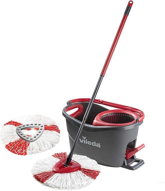 Vileda Turbo Microfibre Mop and Bucket Set with Extra 2-in-1 Head Replacement, Spin Mop for Cleaning Floors, Set of 1x Mop, 1x Bucket and 1x Refill