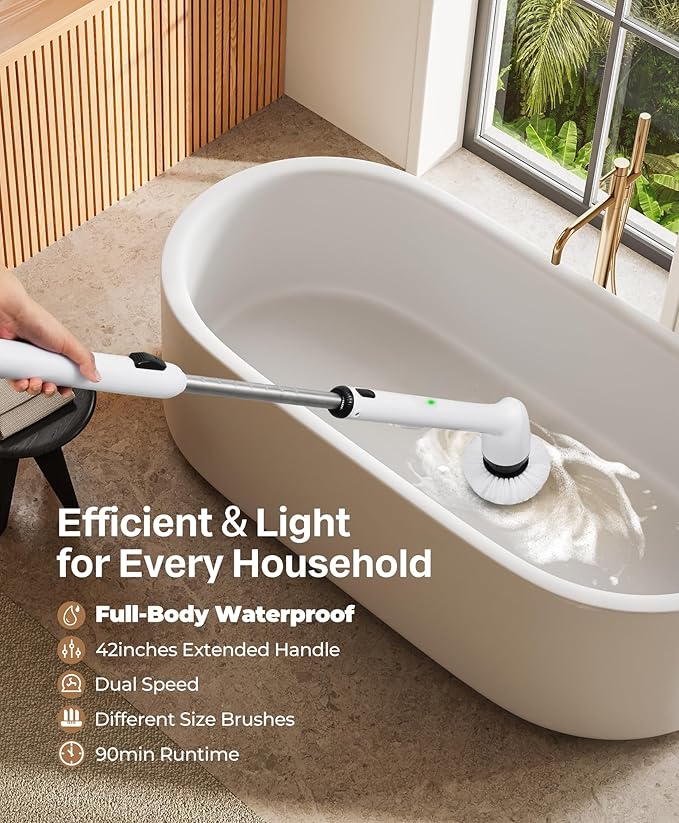 LyriFine Electric Cleaning Brush, Upgraded Full-Body IPX7 Waterproof Electric Spin Scrubber UK, 7 Heads, Long Handle & Dual Speed Electric Brush for Cleaning, Shower Cleaner for Bathroom Floor Tile