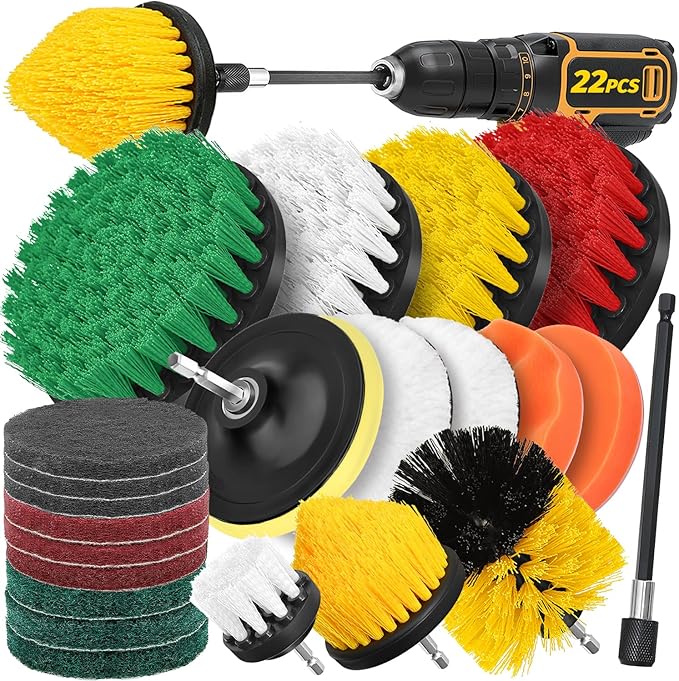 Aongray Drill Brush Attachment Set, 22pcs 1/4in Power Cleaning Brush with Scrub Pads + Extend Long Attachment, Scrubbing Brush for Cleaning Bathroom, Tile, Carpet, Grout, Car Wheels, Kitchen