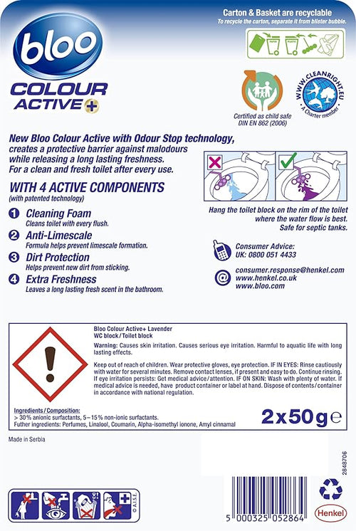 Bloo Colour Active Toilet Rim Block Lavender with Anti-Limescale, Cleaning Foam, Dirt Protection and Extra Freshness - 2 x Rimblocks, purple (Pack of 3)