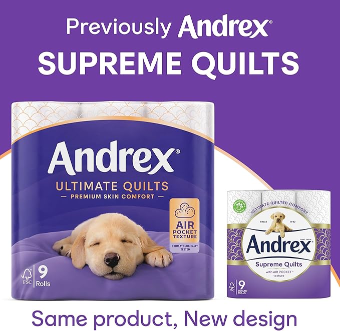 Andrex Supreme Quilts Quilted Toilet Paper - 16 Toilet Roll Pack - 25% Thicker Than Before to Provide Ultimate Quilted Comfort with Unique Air Pocket Texture