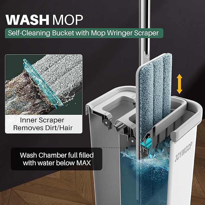 JOYMOOP Mop and Bucket with Wringer Set, Hands Free Flat Floor Mop and Bucket, with 3 Washable Microfiber Pads, Wet and Dry Use, Floor Cleaning System