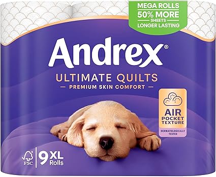 Andrex Ultimate Quilts 9 Mega Toilet Rolls = 13.5 Standard Toilet Rolls, 50% Longer Lasting Paper, Air Pocket Technology for Soft, Thick Sheets, FSC Certified